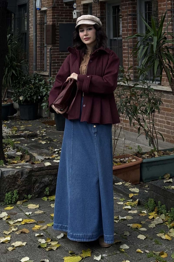 Pileli Kısa Kaban Bordo - 7