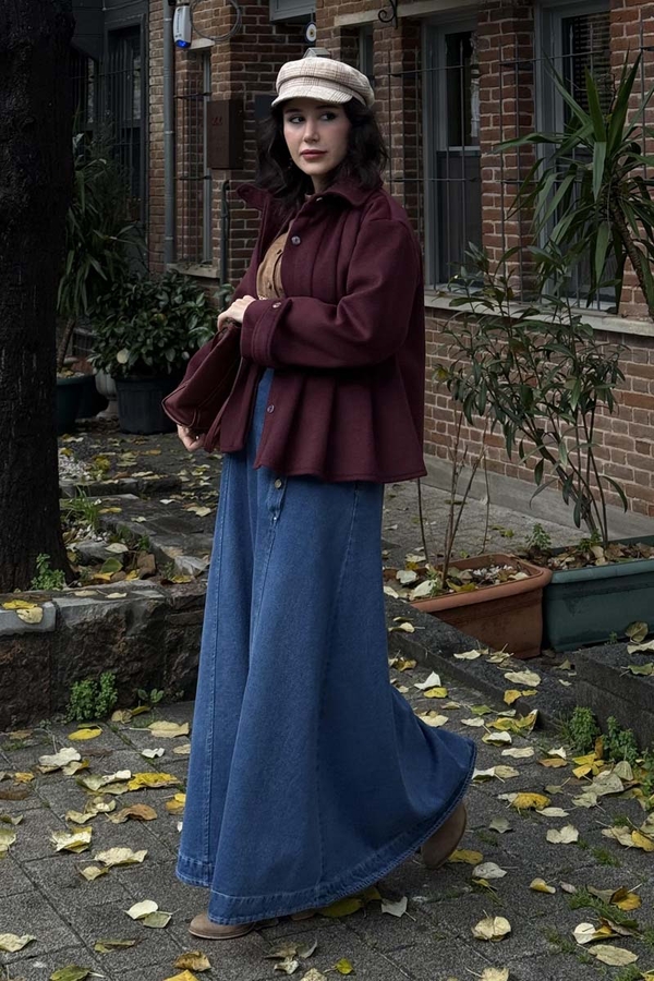 Pileli Kısa Kaban Bordo - 11
