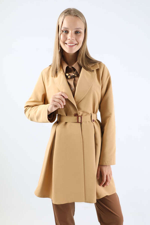 Pileli Kısa Trençkot Camel - 2