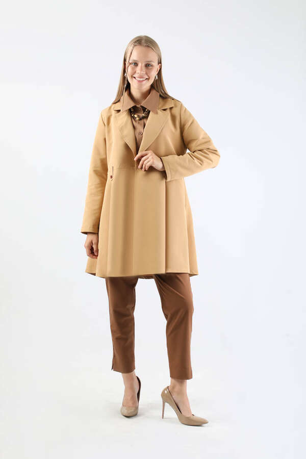 Pileli Kısa Trençkot Camel - 3