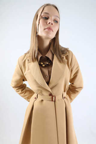 Pileli Kısa Trençkot Camel - 4
