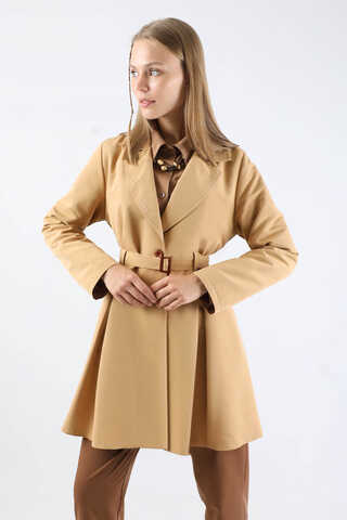 Pileli Kısa Trençkot Camel - 5
