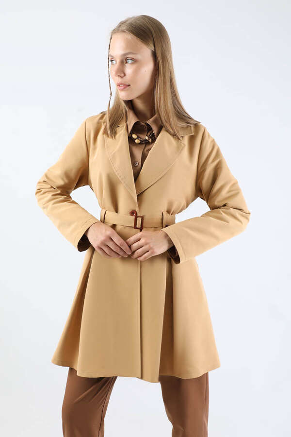 Pileli Kısa Trençkot Camel - 5