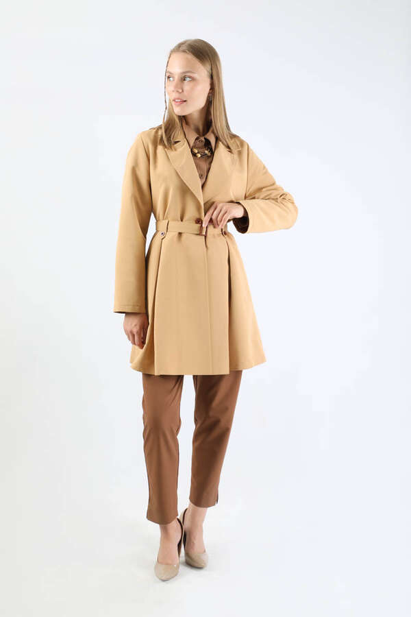 Pileli Kısa Trençkot Camel - 1