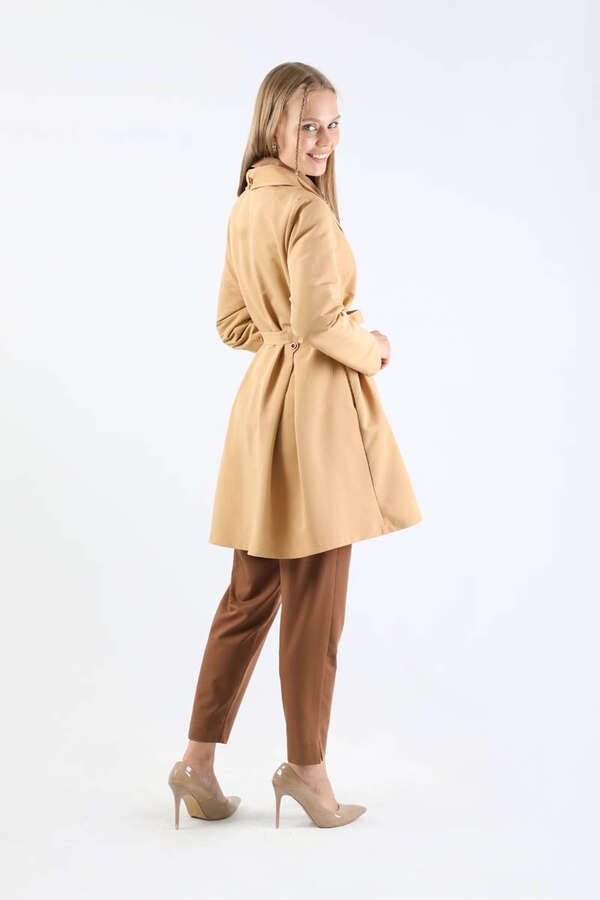 Pileli Kısa Trençkot Camel - 6