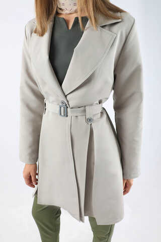 Pileli Kısa Trençkot Gri - 5