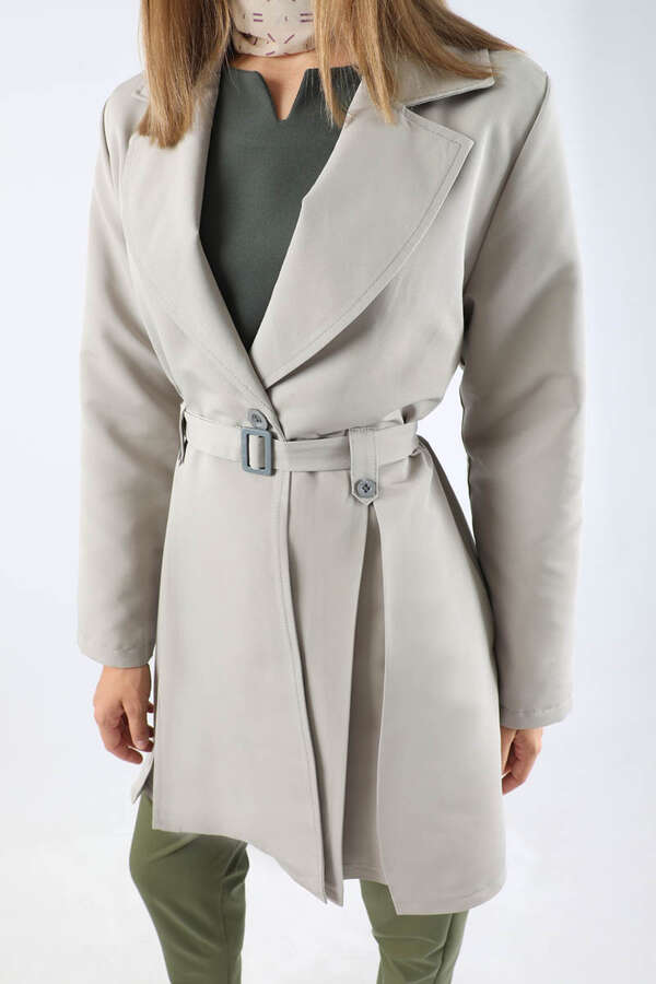 Pileli Kısa Trençkot Gri - 5