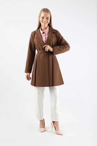 Pileli Kısa Trençkot Kahverengi - 1