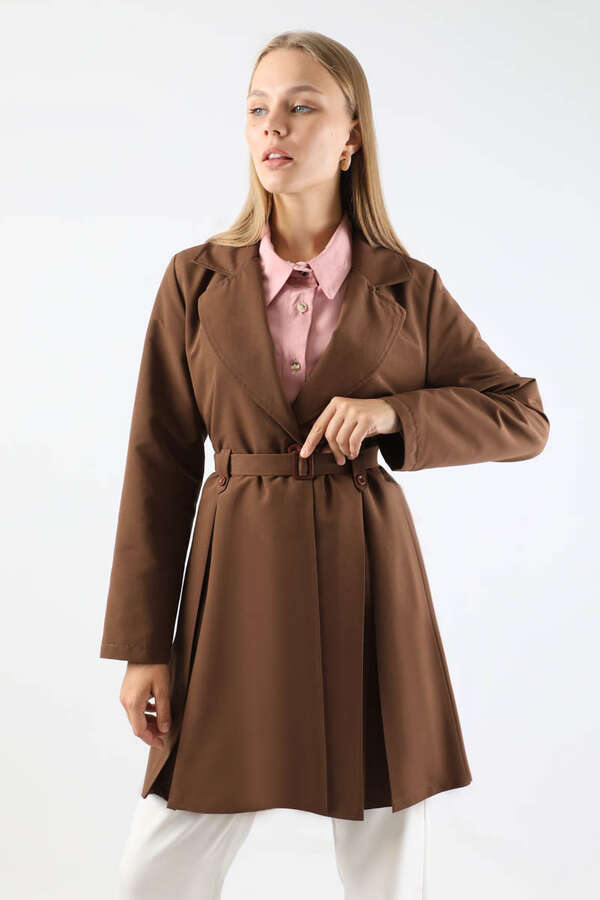 Pileli Kısa Trençkot Kahverengi - 2