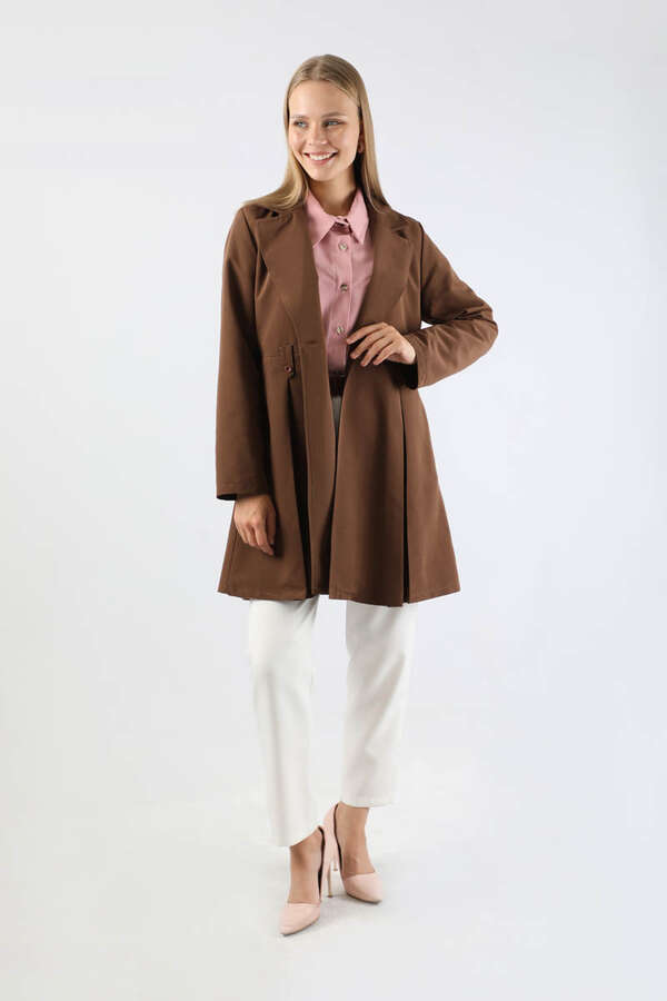 Pileli Kısa Trençkot Kahverengi - 3