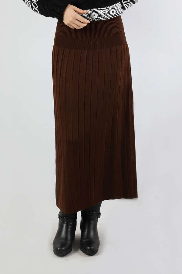 Pileli Tek Renk Etek Kahve - 2