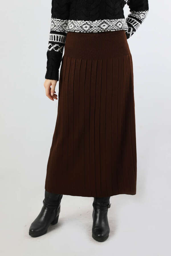 Pileli Tek Renk Etek Kahve - 3