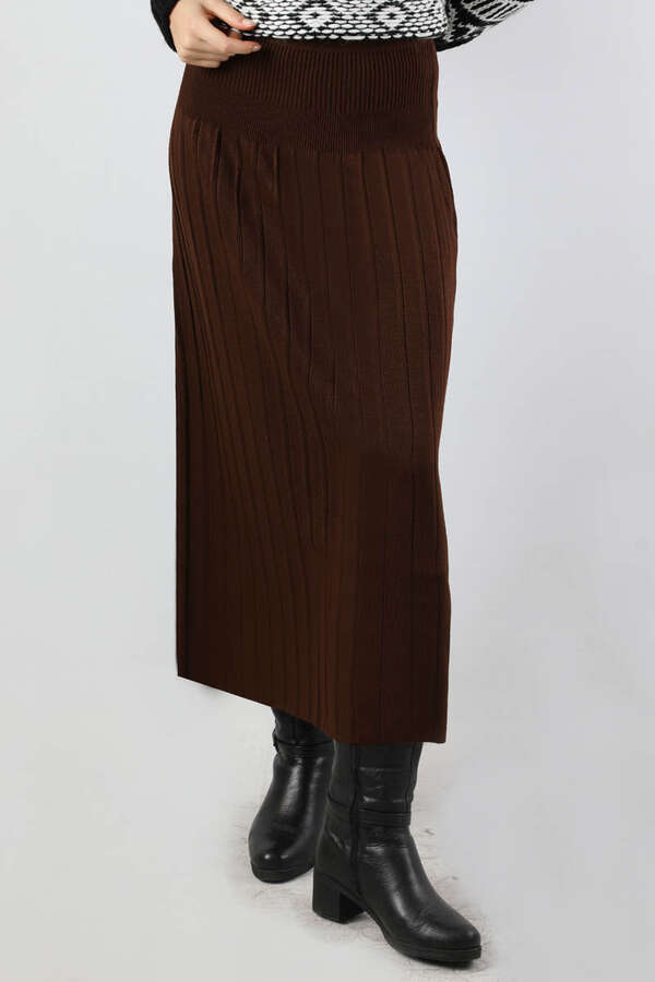 Pileli Tek Renk Etek Kahve - 1