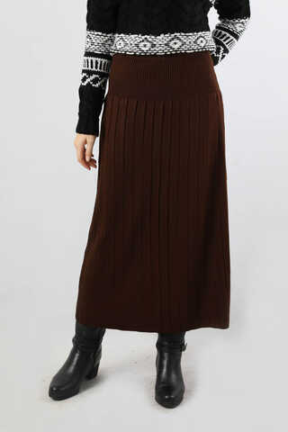 Pileli Tek Renk Etek Kahve - 3