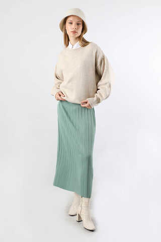 Pileli Tek Renk Etek Mint - 1