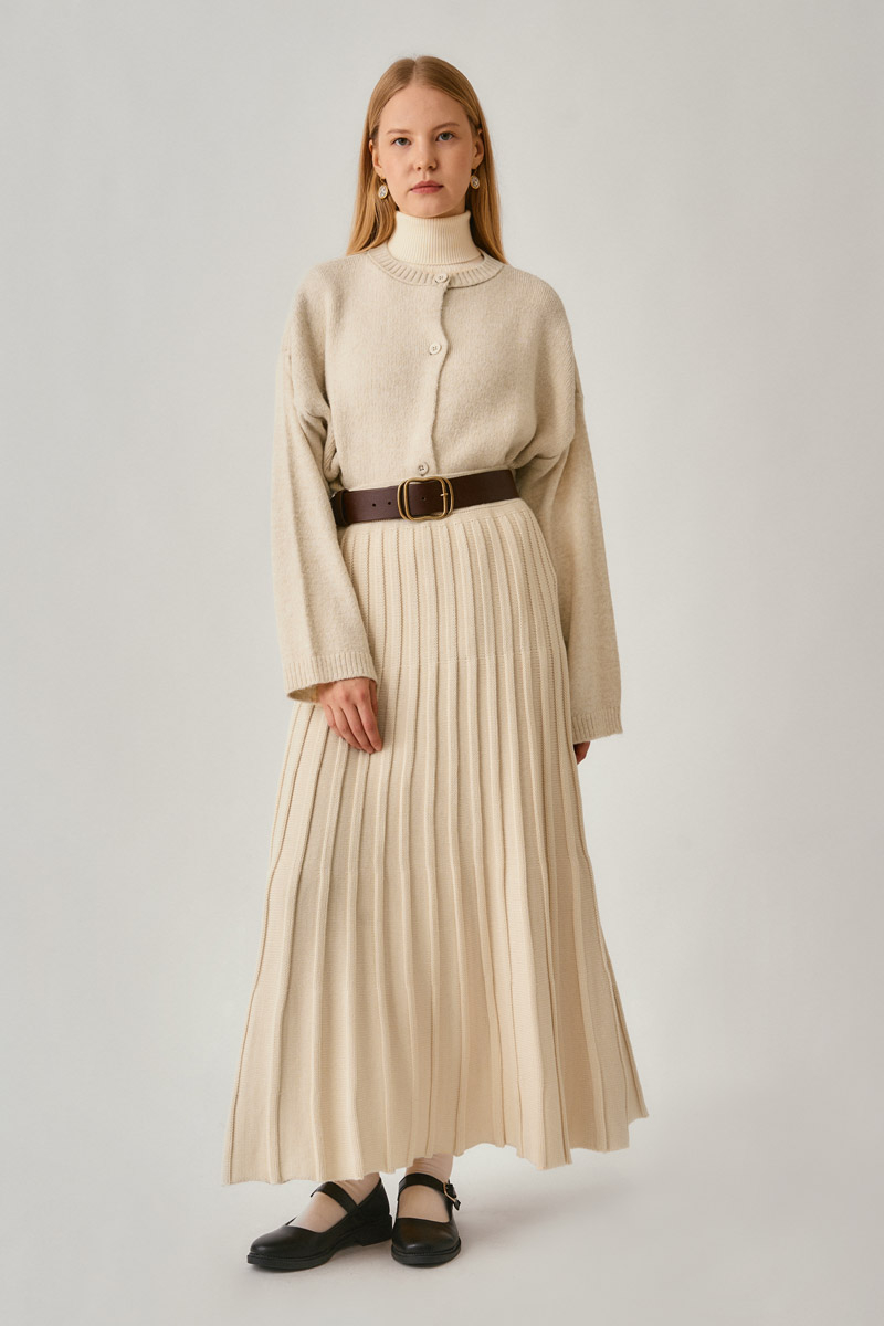 Pileli Triko Etek Ekru