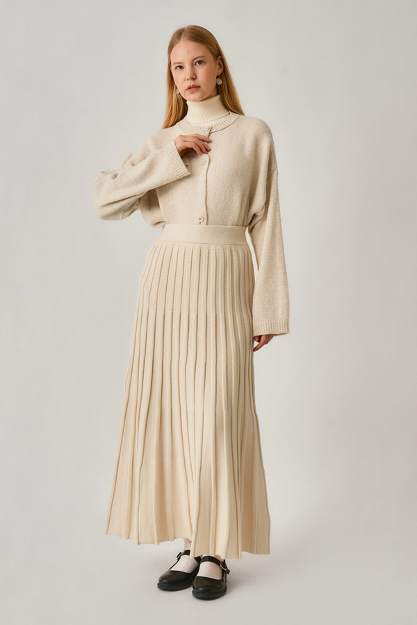 Pileli Triko Etek Ekru - 4