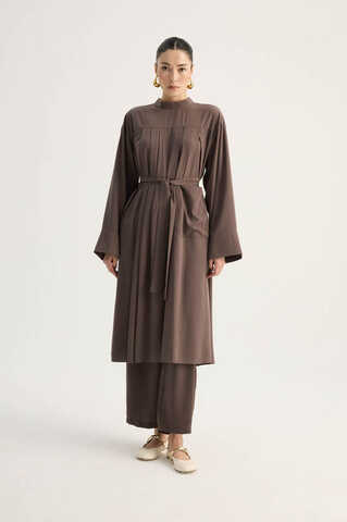 Pileli Tunik Takım Kahverengi - 1