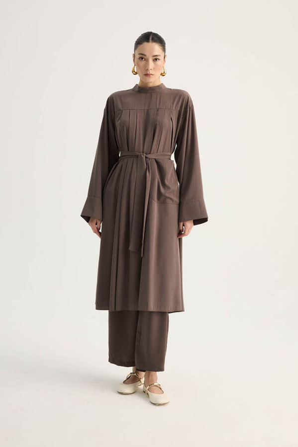 Pileli Tunik Takım Kahverengi - 1