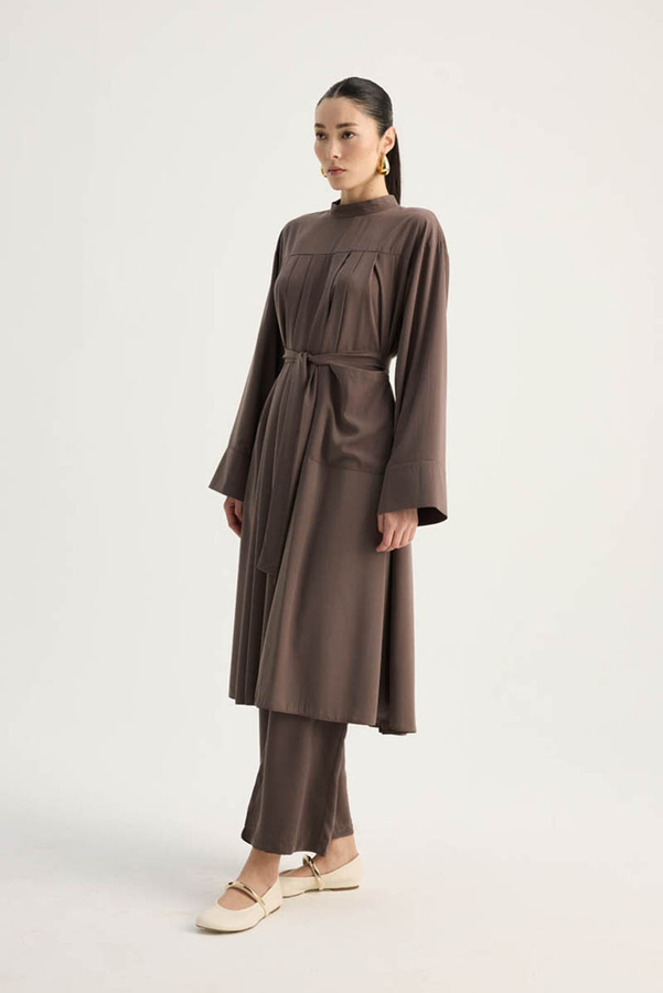 Pileli Tunik Takım Kahverengi - 3