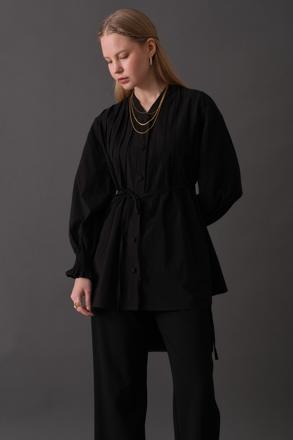 Pin-Tuck Cotton Shirt Black - 6
