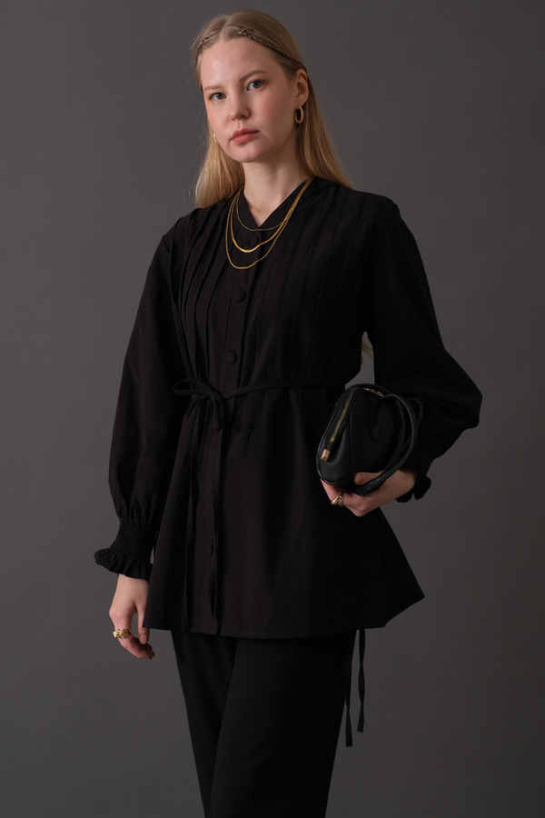 Pin-Tuck Cotton Shirt Black - 1