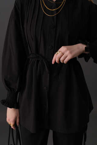 Pin-Tuck Cotton Shirt Black - 2