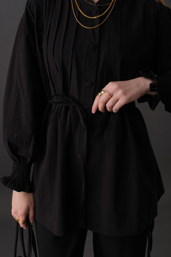 Pin-Tuck Cotton Shirt Black - 2