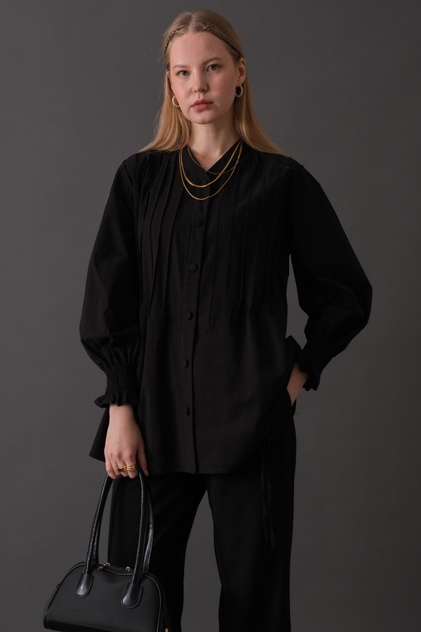 Pin-Tuck Cotton Shirt Black - 4