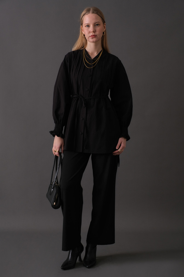 Pin-Tuck Cotton Shirt Black - 9