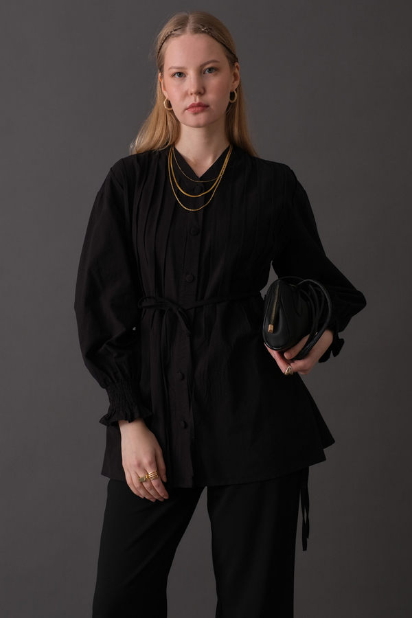 Pin-Tuck Cotton Shirt Black - 11