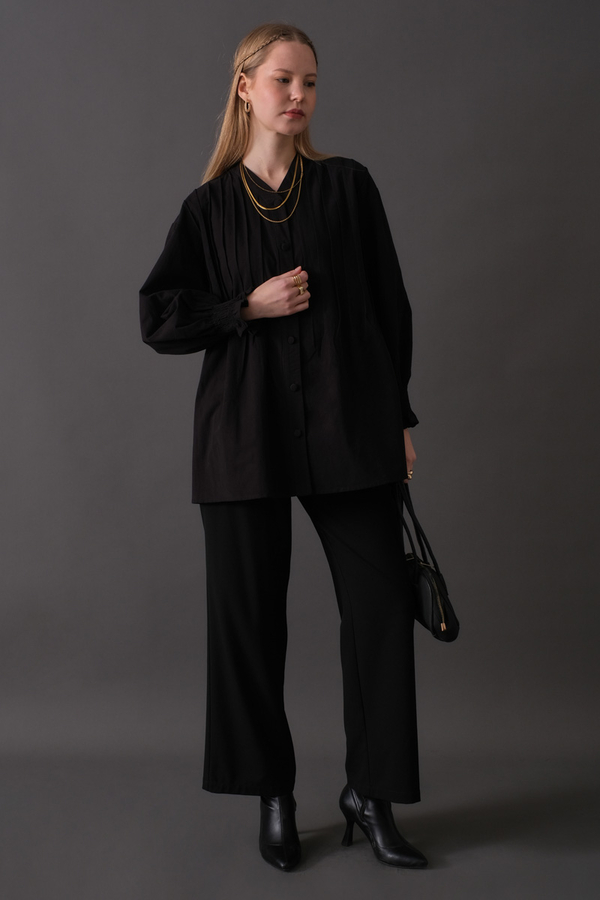 Pin-Tuck Cotton Shirt Black - 13