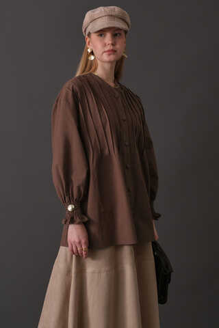 Pin-Tuck Cotton Shirt Brown - 4