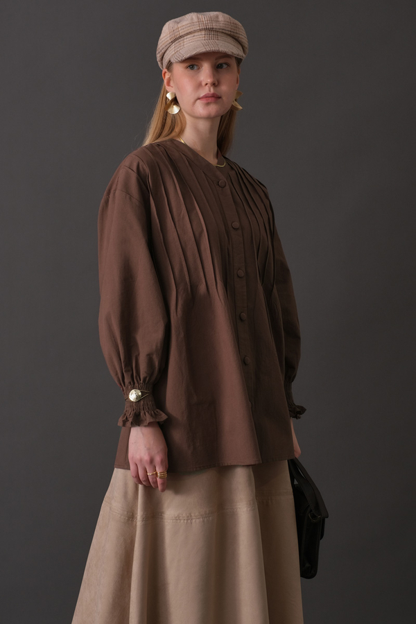 Pin-Tuck Cotton Shirt Brown - 4