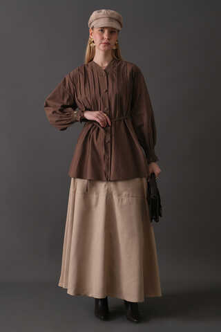 Pin-Tuck Cotton Shirt Brown - 5