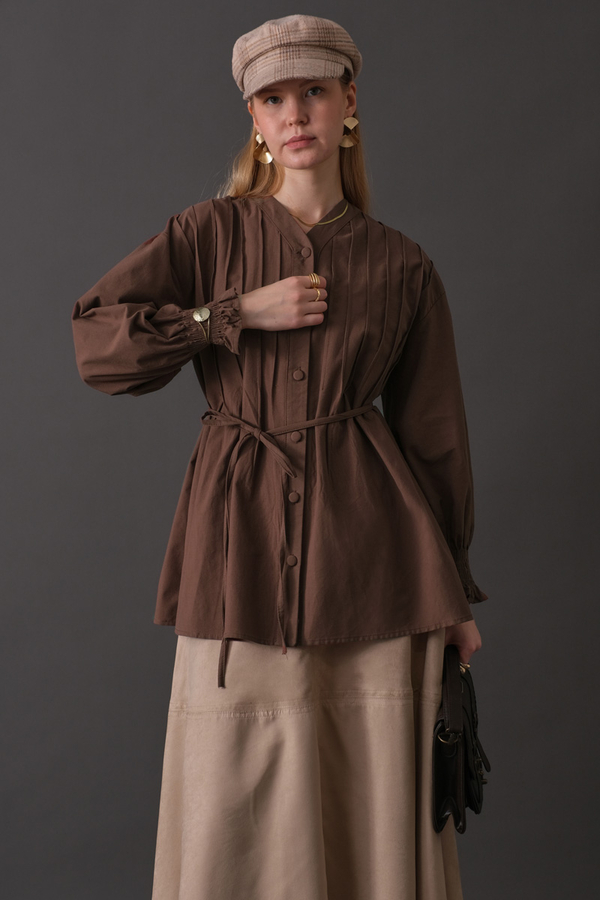 Pin-Tuck Cotton Shirt Brown - 6