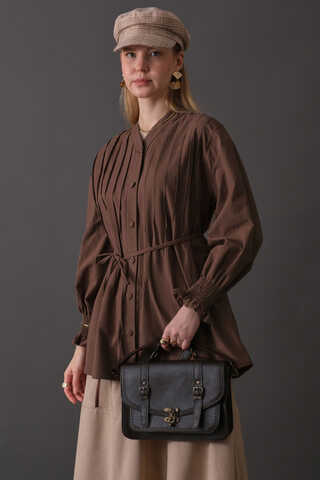 Pin-Tuck Cotton Shirt Brown - 7