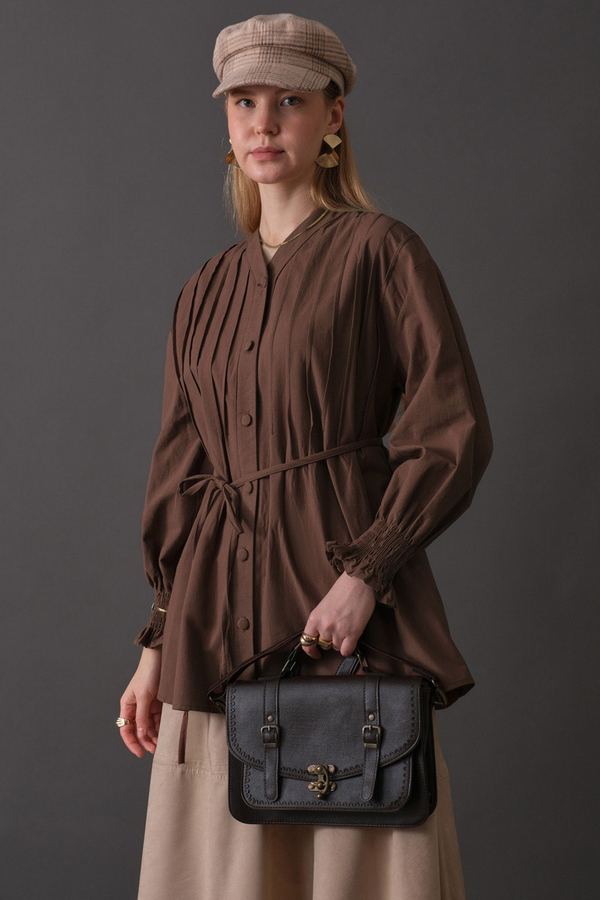 Pin-Tuck Cotton Shirt Brown - 7