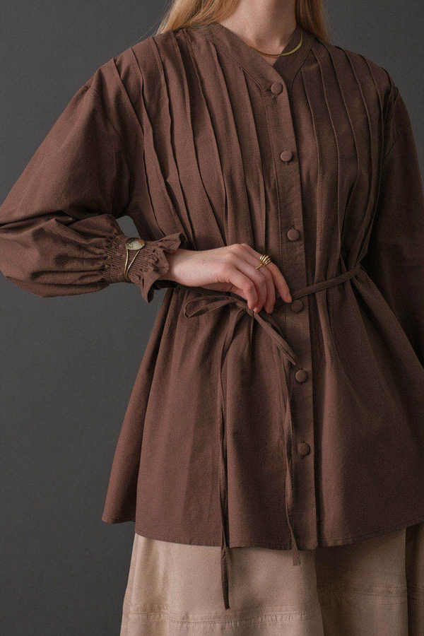 Pin-Tuck Cotton Shirt Brown - 8