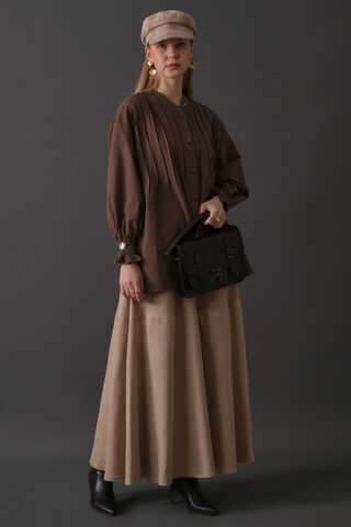 Pin-Tuck Cotton Shirt Brown - 10