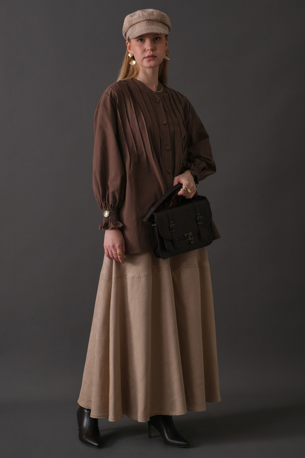 Pin-Tuck Cotton Shirt Brown - 10