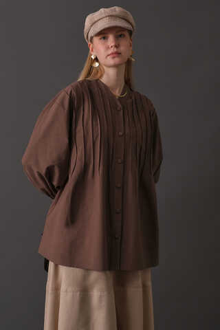 Pin-Tuck Cotton Shirt Brown - 11