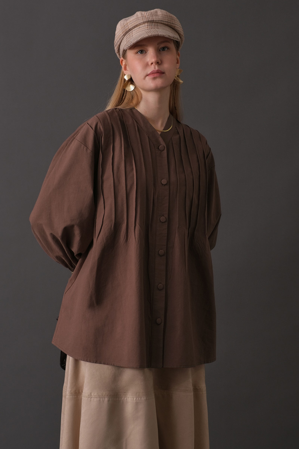 Pin-Tuck Cotton Shirt Brown - 11