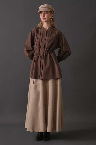 Pin-Tuck Cotton Shirt Brown - 13