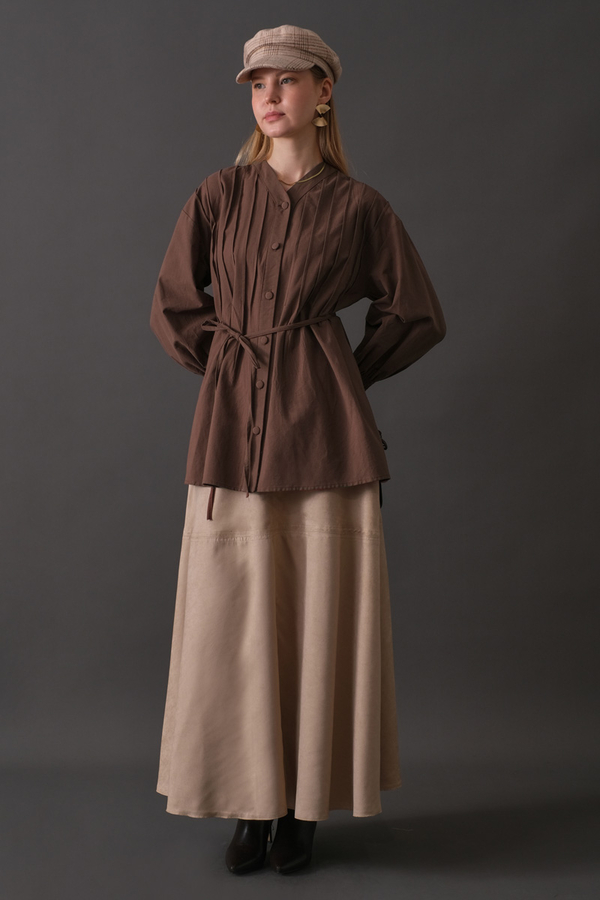 Pin-Tuck Cotton Shirt Brown - 13