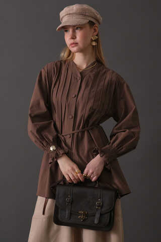 Pin-Tuck Cotton Shirt Brown - 1