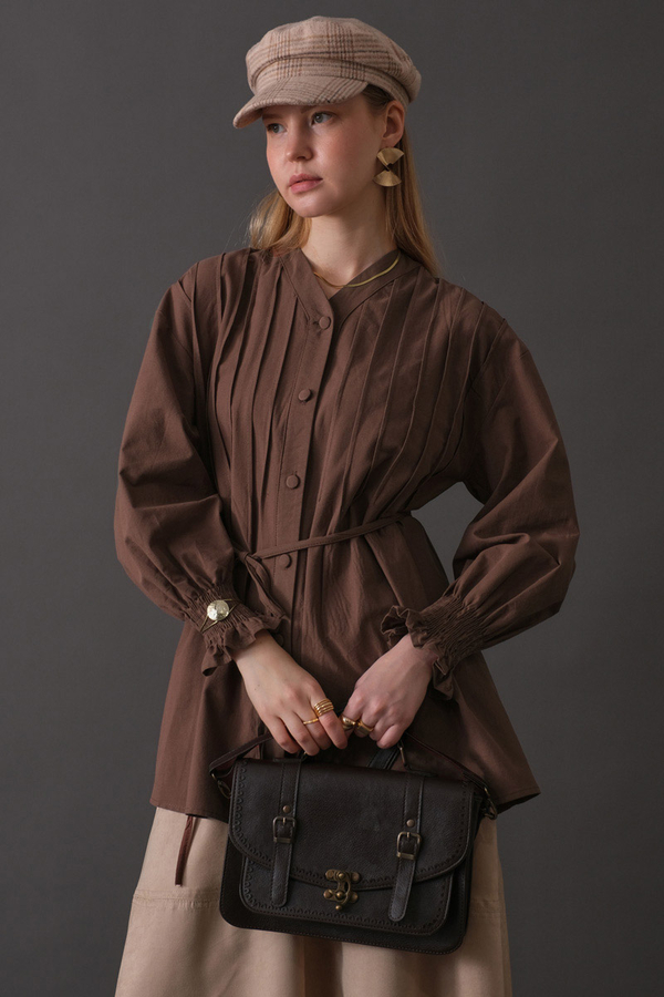 Pin-Tuck Cotton Shirt Brown - 1