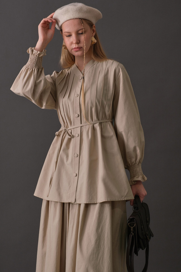 Pin-Tuck Cotton Shirt Stone - 6