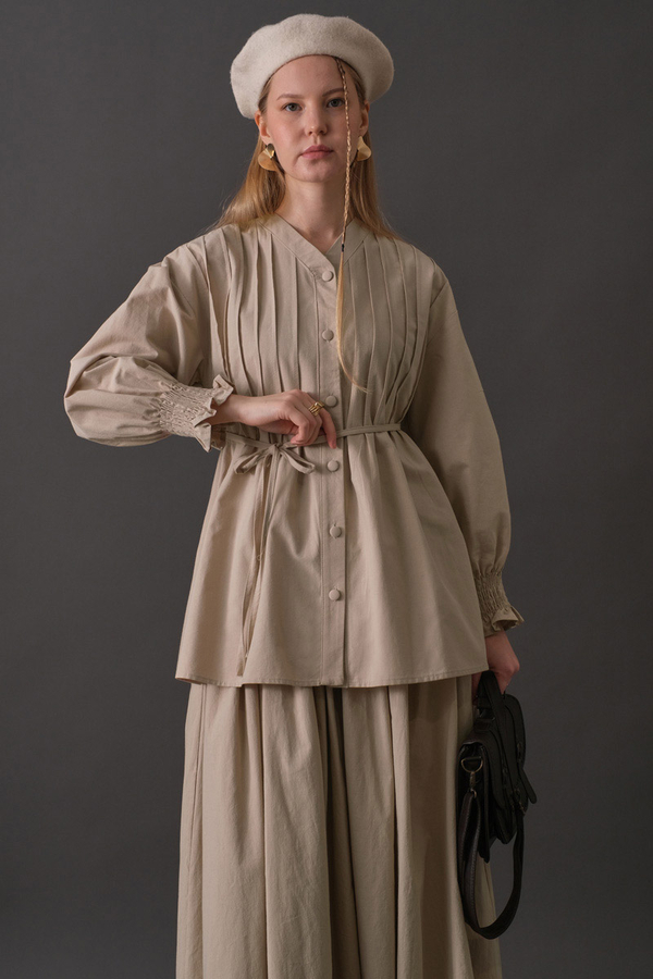 Pin-Tuck Cotton Shirt Stone - 8