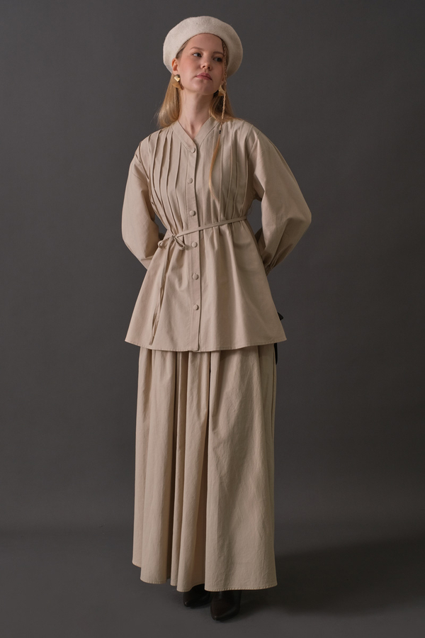 Pin-Tuck Cotton Shirt Stone - 3